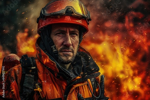 A man in a fire suit and goggles standing near a fire, suitable for use as a symbol or illustration for firefighting or emergency services © Fotograf