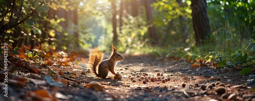 Sun-dappled forest path with a squirrel gathering nuts for the winter, 4K hyperrealistic photo