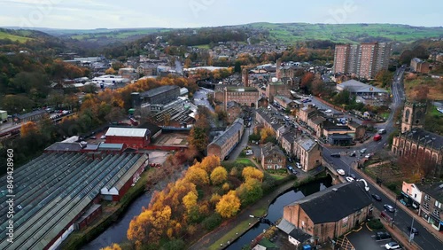 Birds Eye Views of Aerial drone footage of the village town of Sowerby Bridge West Yorkshire
