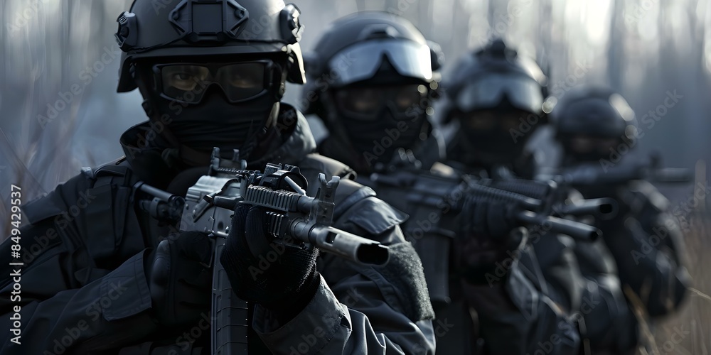 Elite soldiers in black uniforms and masks armed with shotguns. Concept Military Operations, Tactical Gear, Special Forces Training, Combat Techniques Elite soldiers in black uniforms and masks armed with shotguns. Concept Military Operations, Tactical Gear, Special Forces Training, Combat Techniques