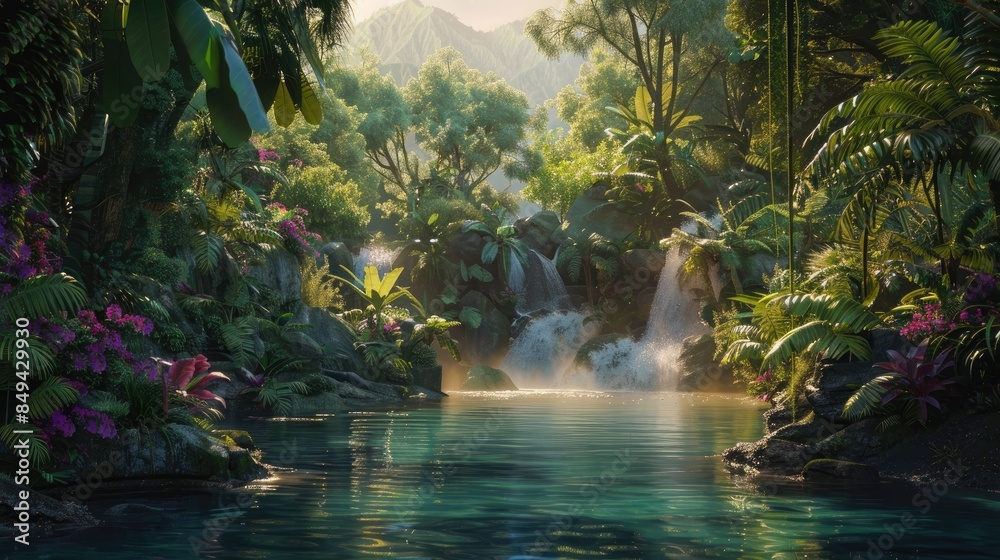 Mystical jungle setting with a tranquil river, inviting viewers into a world of adventure and exploration Mystical jungle setting with a tranquil river, inviting viewers into a world of adventure and exploration