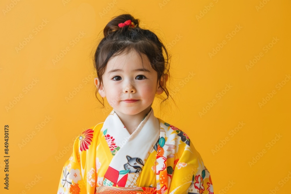 A young Japanese girl wearing a traditional kimono poses for a photo A young Japanese girl wearing a traditional kimono poses for a photo