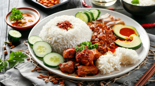 A plate of nasi lemak, with rice, coconut milk, and various side dishes photo