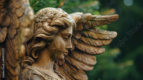A detailed view of a beautiful angel statue's face and shoulders