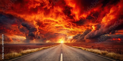 Dark road leading into fiery inferno with ominous red sky , hell, fiery, inferno, road, dark, ominous, red, sky photo