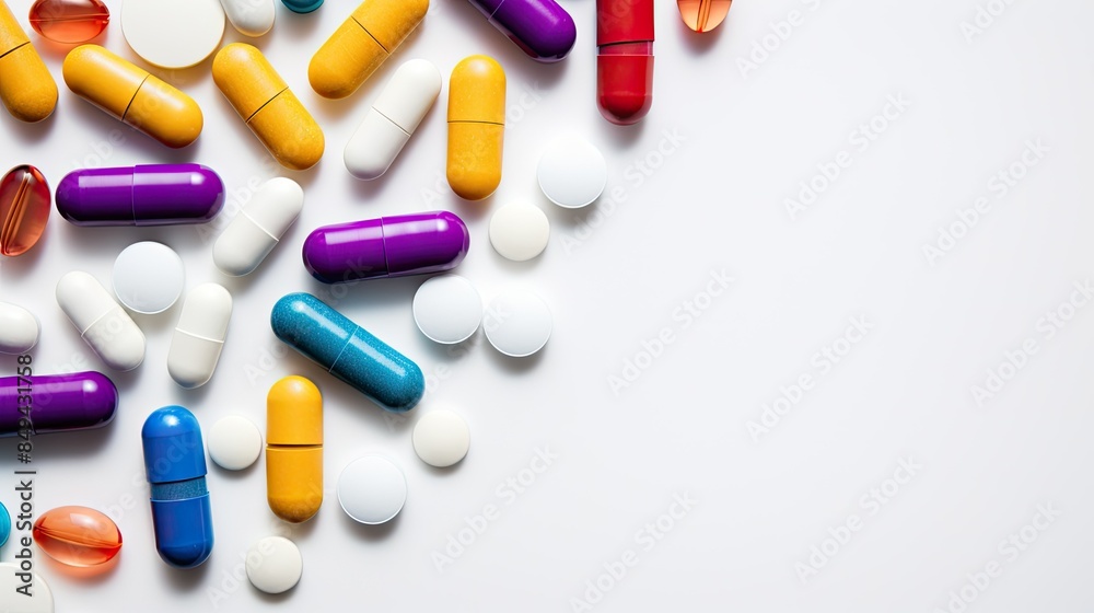 Photograph of a variety of colorful pills and capsules arranged in a geometric pattern on a white background Photograph of a variety of colorful pills and capsules arranged in a geometric pattern on a white background