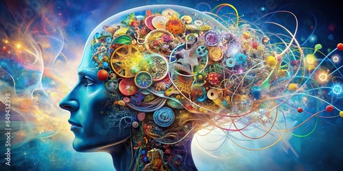 Chaotic collage representing the complexity of the human mind , psychology, inner world, therapy