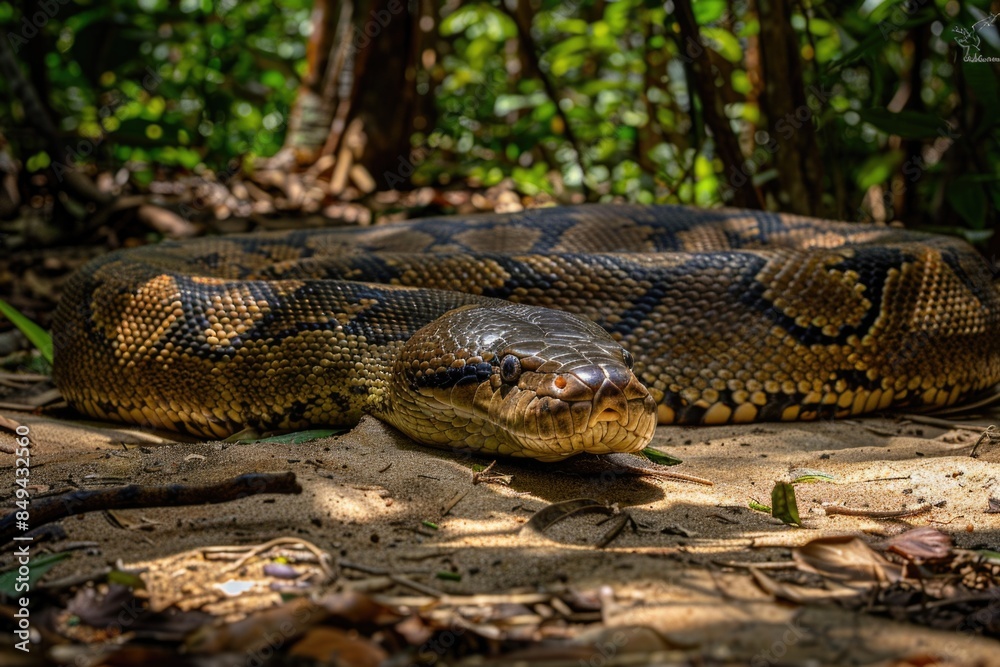 A large snake lies on the forest floor A large snake lies on the forest floor