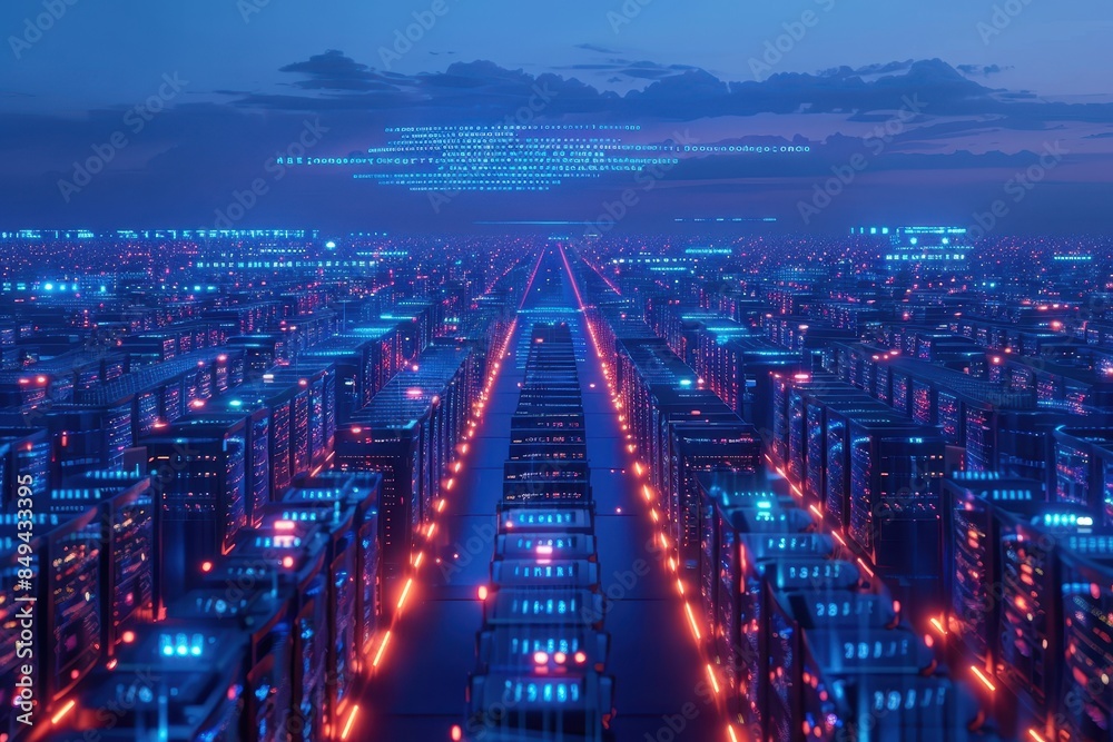 Fototapeta premium A futuristic digital cityscape with vibrant blue and red lights, representing advanced technology and a connected network at dusk.