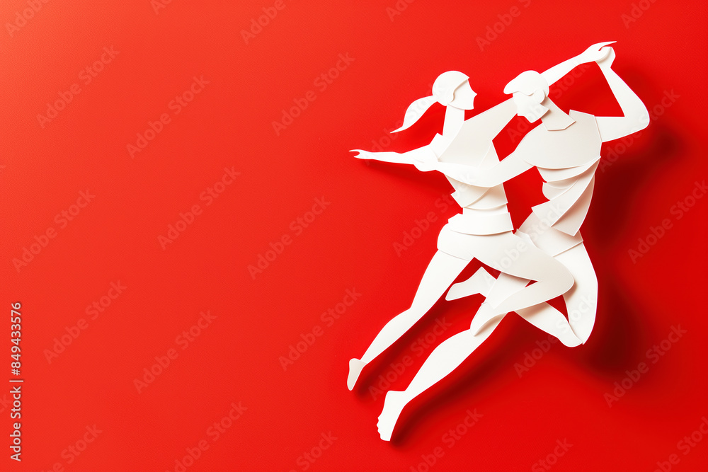 White paper cut illustration of a couple dancing over red background, space for copy White paper cut illustration of a couple dancing over red background, space for copy