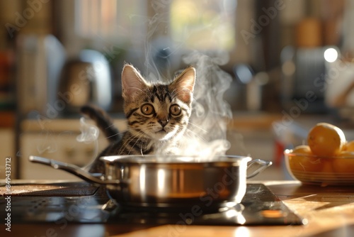 A curious cat sits atop a stove, surrounded by cooking utensils and pots