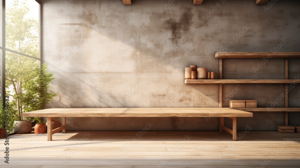 Minimalist wooden bench in empty room Minimalist wooden bench in empty room