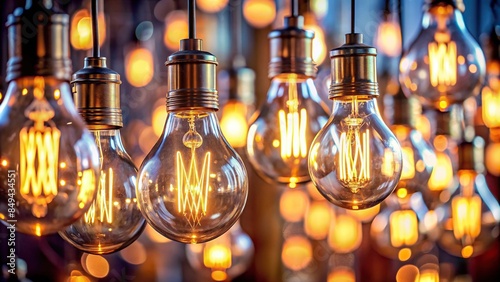Close up of illuminated light bulbs with soft focus background, illuminated, close up, light bulbs, glowing, electric © rattinan