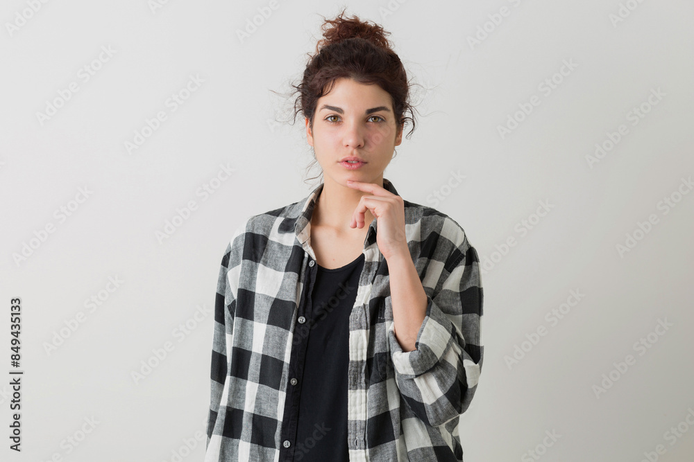 portrait of young hipster pretty woman in checkered shirt portrait of young hipster pretty woman in checkered shirt