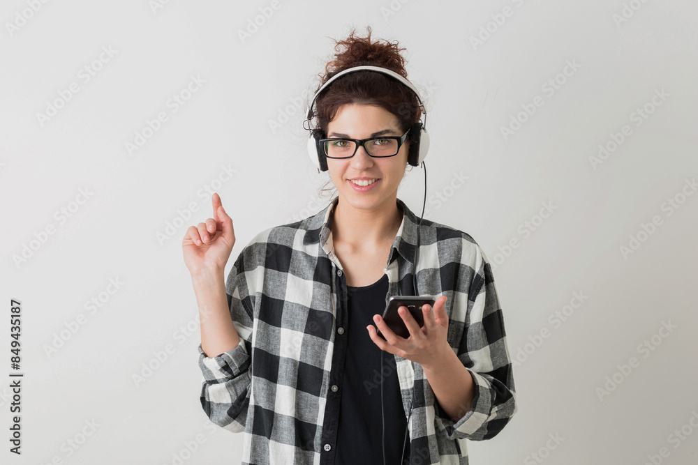 Fototapeta premium portrait of young hipster pretty woman in checkered shirt