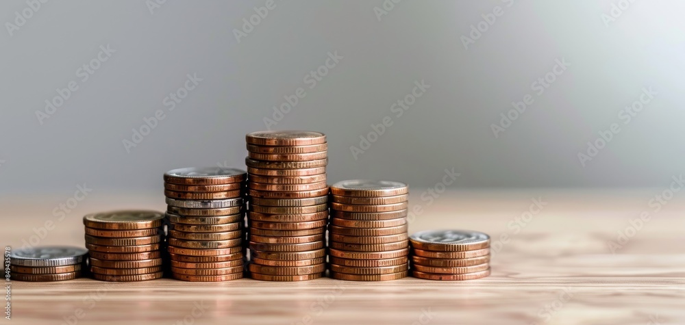 Stacks of coins on a wooden surface with a blurred background, representing savings, economy, financial growth, and investment opportunities.