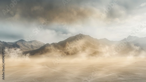 wide angle landscape of a desert wasteland with a dusty sandstorm going on