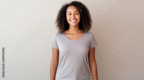Studio portrait of happy woman in casual clothes. Beautiful confident young African American girl in blue jeans and mockup T shirt standing on wall background. Fashion concept photo