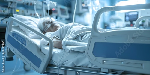 A critical patient in a hospital bed connected to life support. Concept Hospital, Critical Care, Life Support, Medical Emergency, Patient Surrounded by Machines photo