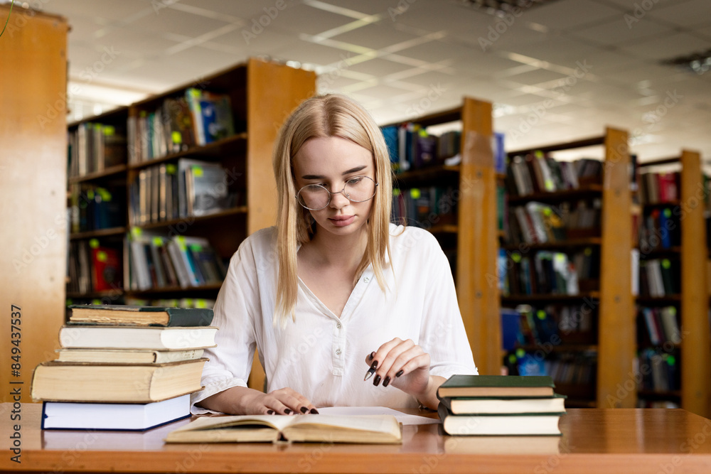 The girl uses books in the library. Studying science. Reads books, searches for information. Preparation for exams. Tests. The girl uses books in the library. Studying science. Reads books, searches for information. Preparation for exams. Tests.