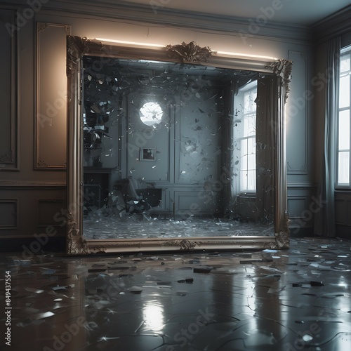 Elegant room in disarray with broken glass everywhere. photo