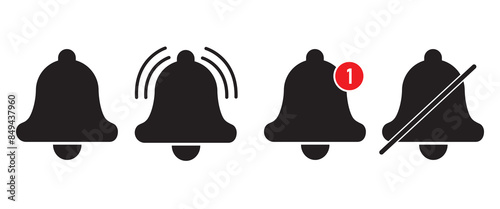 Notification bell icon set, On and off alarm and message. Set of ringing bells with new notification.