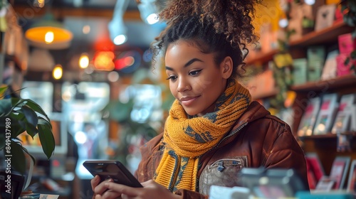 A young woman wearing a brown jacket and yellow scarf smiles while looking at her phone. photo