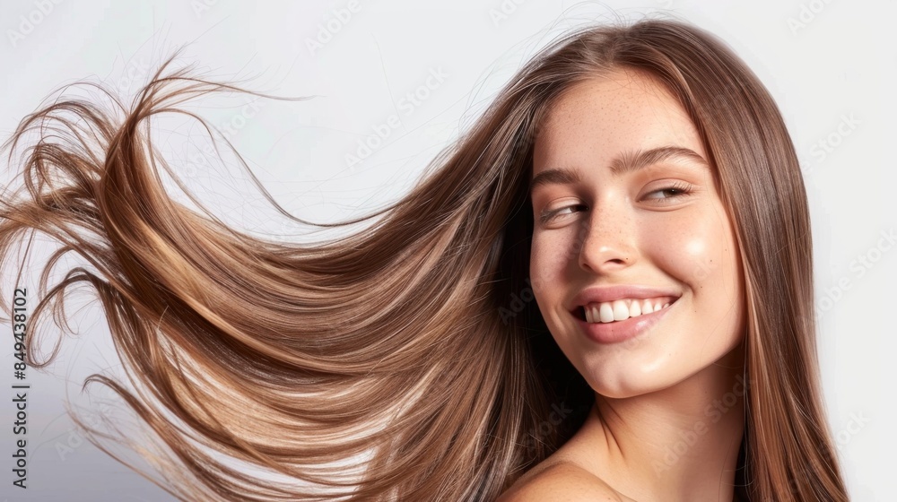 Beautiful model girl with shiny brown and straight long hair isolate in white background Beautiful model girl with shiny brown and straight long hair isolate in white background