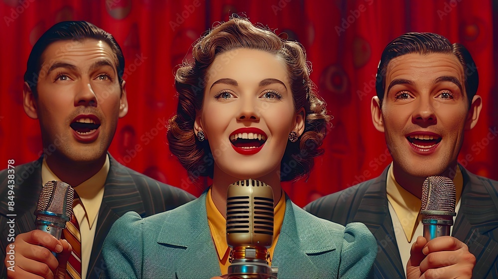 1940s jazz singer with two backup singers, all wearing suits and ties ...
