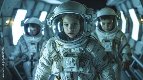 Fototapeta Naklejka Na Ścianę i Meble -  Young Astronauts in Training at Space Station in Cinematic Light