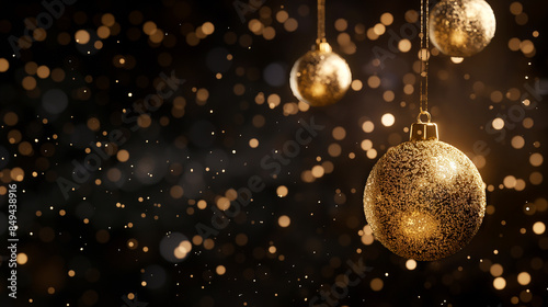 Golden Christmas balls on a dark background with bokeh