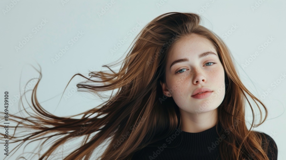 Fototapeta premium Beautiful model girl with shiny brown and straight long hair isolate in white background