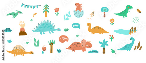 Childrens dinosaurs set, baby animals background. Dinosaurs characters collection, bundle. Can used for stickers, posters. Doodle baby animals for kids design. Dino with palm and plants.