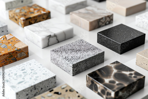 A variety of stone and marble samples are displayed on a white surface. The samples are of different colors and patterns, and they are all cut into small squares.