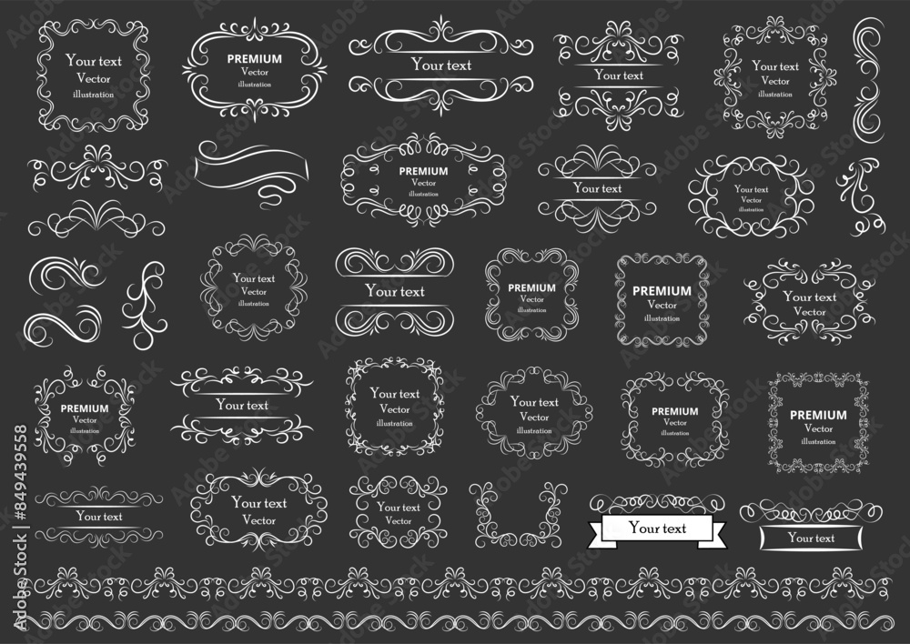Big set of vector graphic elements for design. Decorative swirls or scrolls, vintage frames , flourishes, labels and dividers. Retro vector illustration Big set of vector graphic elements for design. Decorative swirls or scrolls, vintage frames , flourishes, labels and dividers. Retro vector illustration