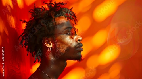A young man with curly hair and glasses is standing in front of an orange background