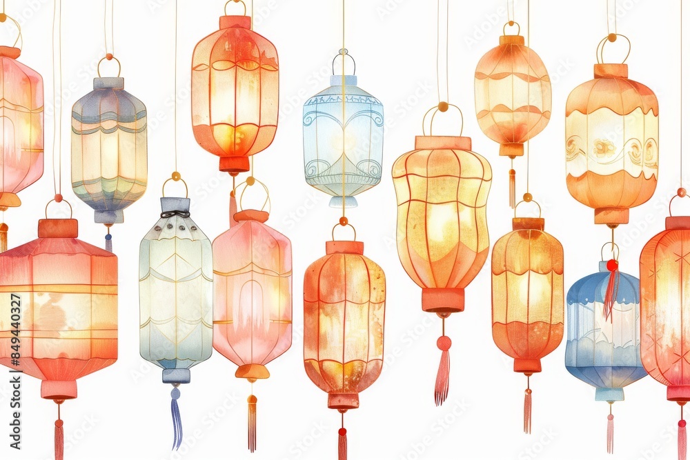 Vibrant lanterns at the Lantern Festival - USA create a magical, warm ambiance against a clear white background. Vibrant lanterns at the Lantern Festival - USA create a magical, warm ambiance against a clear white background.