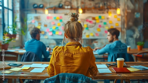 A young woman sits at her desk, looking at a wall of sticky notes