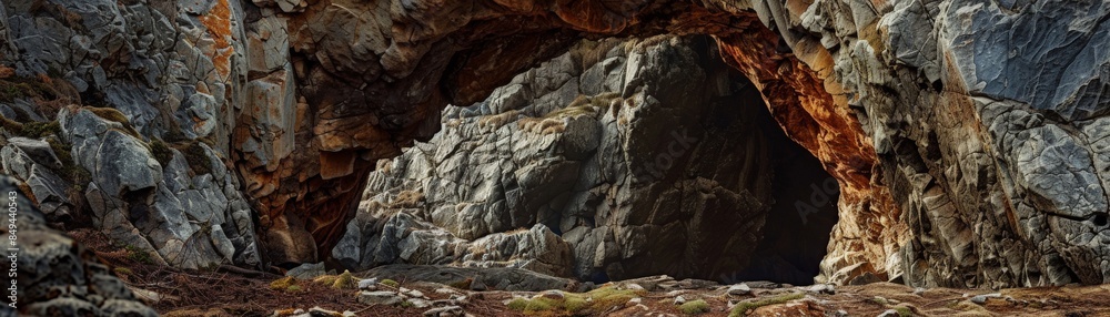 A natural rock archway with dark, shadowy interior. A natural rock archway with dark, shadowy interior.