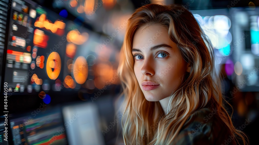 A young woman with long blonde hair is sitting in front of a computer screen A young woman with long blonde hair is sitting in front of a computer screen