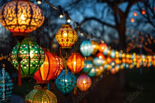 Experience the magical sight of an array of lanterns illuminating the night sky, creating a mesmerizing display at the Lantern Festival in the USA.
