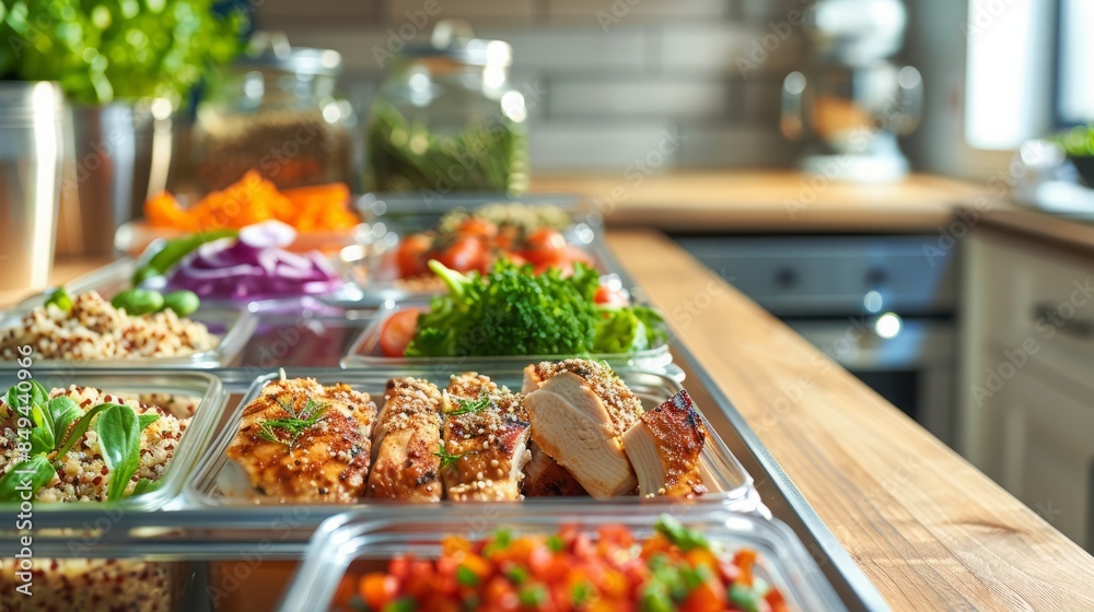 Healthy lunch meal prep with quinoa, chicken, and fresh veggies, packed in glass containers, lined up on a wooden table, fresh and inviting look, high-quality food photography, soft natural light