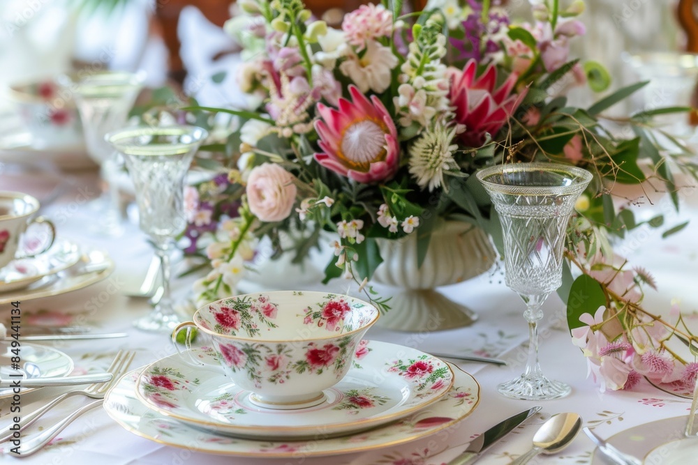 An elegant table setting with fine china, silverware, and a centerpiece of native Australian flowers, set for a celebratory Queen's Birthday gathering. An elegant table setting with fine china, silverware, and a centerpiece of native Australian flowers, set for a celebratory Queen's Birthday gathering.