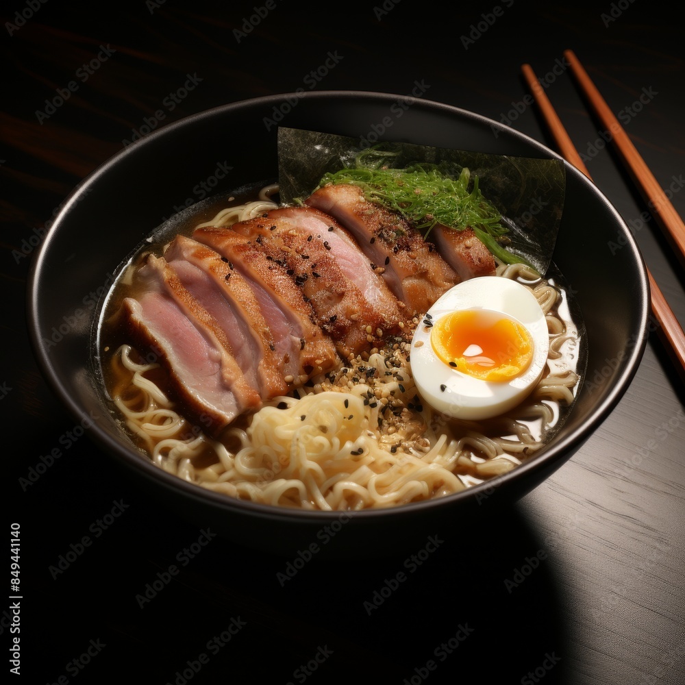 The bowl with ramen noodles and meat is in the form of light gold and light black. 