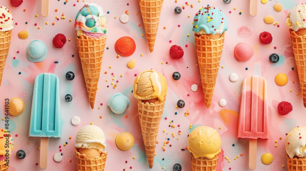 Seamless pattern of colorful ice cream cones and popsicles against a summary background. Seamless pattern of colorful ice cream cones and popsicles against a summary background.