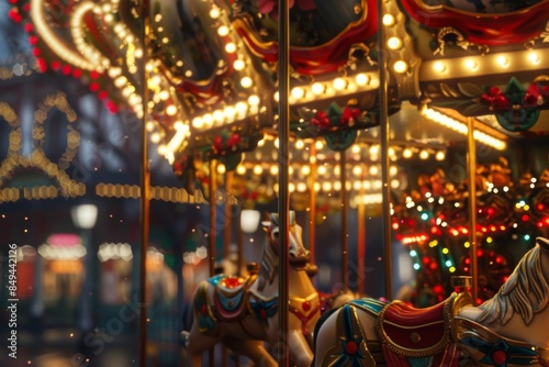 Experience the magic of a Spanish carnival night with this ornate carousel adorned with bright lights and whimsical decorations. © Jennie Pavl