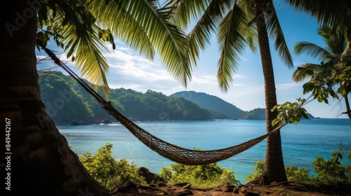  tropical island, a hammock between to palm trees, 
