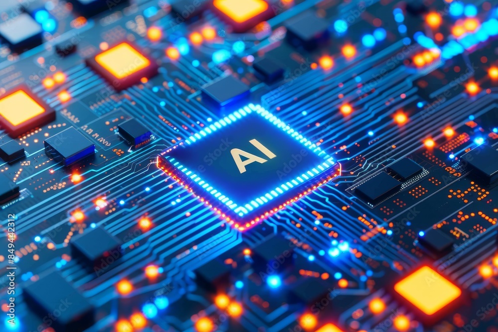 Futuristic AI chip with glowing blue circuits, showcasing next generation technology and computing power. Futuristic AI chip with glowing blue circuits, showcasing next generation technology and computing power.