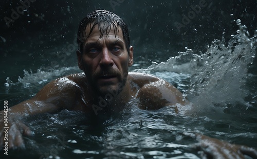 Portrait of a man swimming in dark water.