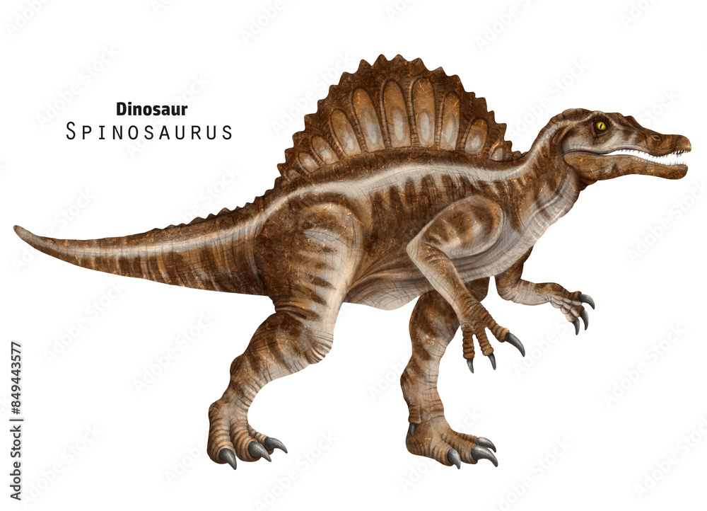 Spinosaurus illustration. Dinosaur with crest on back. Brown, beige dino Spinosaurus illustration. Dinosaur with crest on back. Brown, beige dino